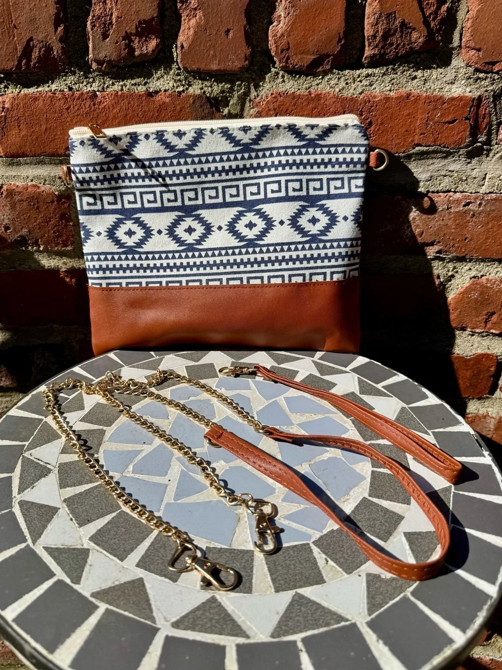 Aztec Crossbody & Wristlet Bag  Navy and White with Faux Leather Accents